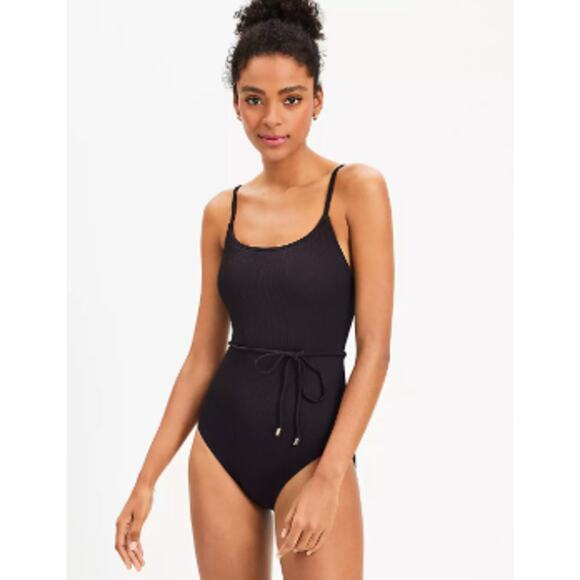 NEW no tags Ann Taylor LOFT M Beach Ribbed Belted One Piece Swimsuit Black - Picture 1 of 5